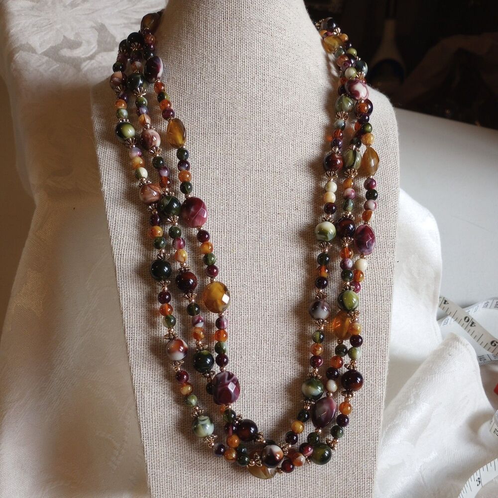 Vintage Marbled Multi Color earth tone Plastic Bead Long 24in 3 strand Necklace